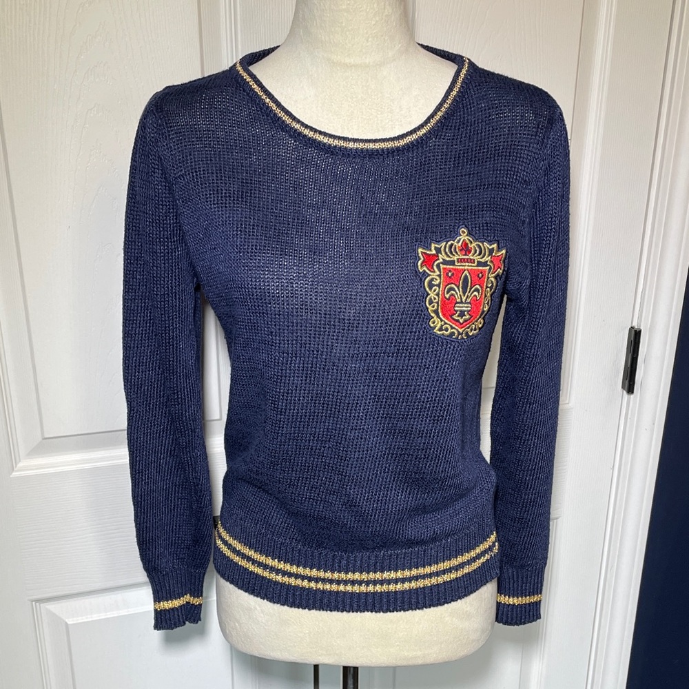 Vintage‎ Stirling Cooper Linen Blend Navy Sweater Embroidered Crest Size Medium